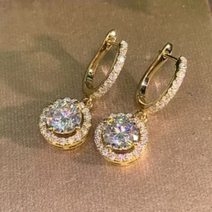 Women's 2Ct Moissanite Halo Drop Dangle Earrings 14K Yellow Gold Plated